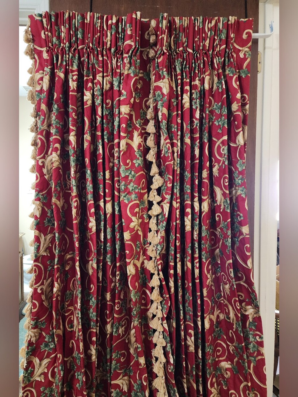 4 Redish Burgandy Drapery Panels with Gold Tassel Trim